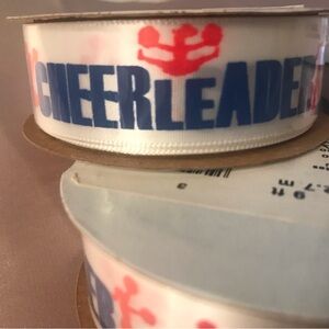 Cheerleader Printed Grosgrain Ribbon – White with Blue and Coral. Lot of 6 reels